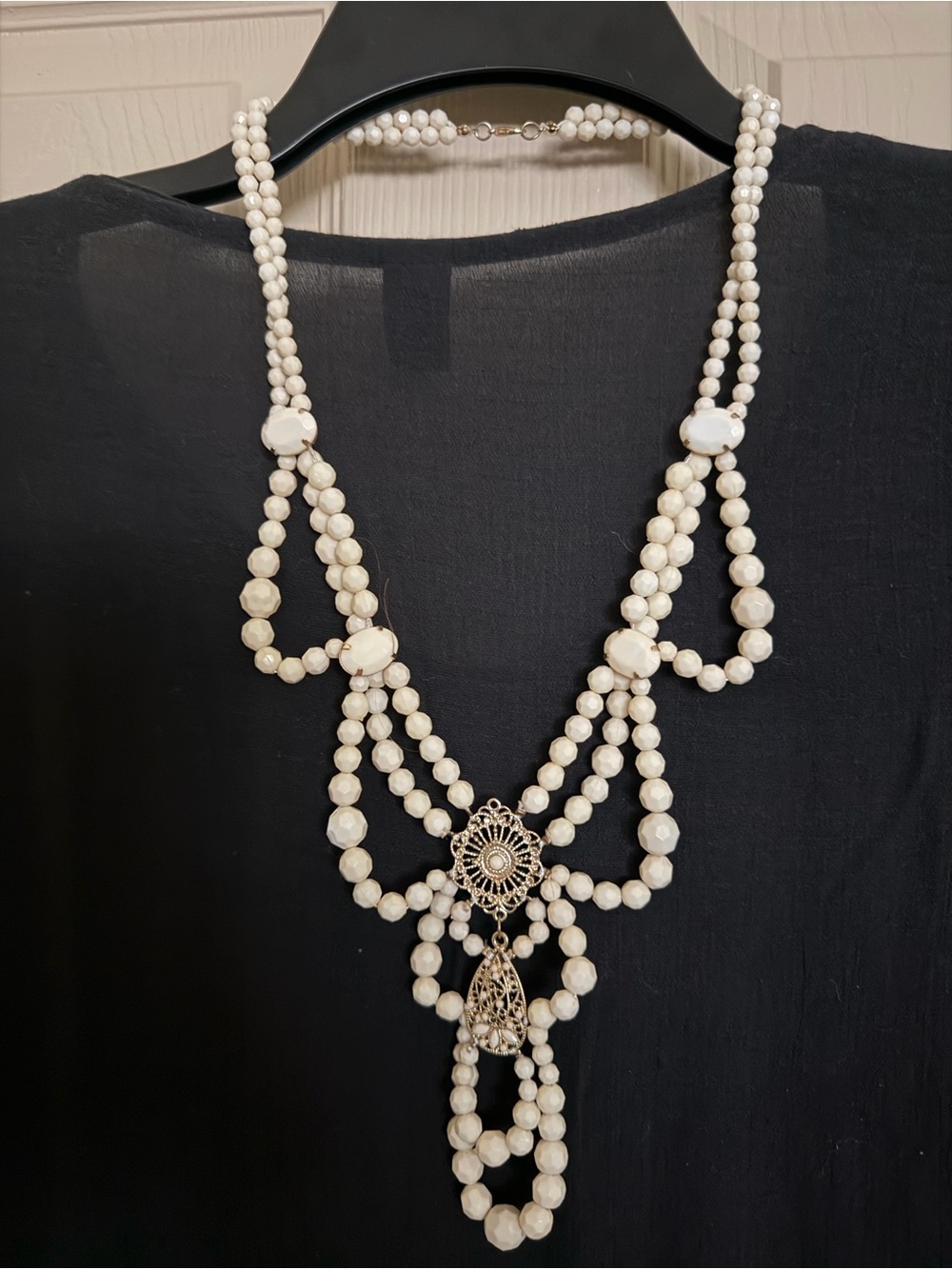 Elegant Cream Beaded Statement Necklace with Filigree Pendant
